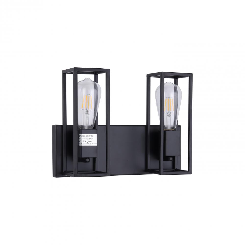 2x 60W E26 vanity in black finish. Dimensions : L=13" E=4.5" H=9.5"