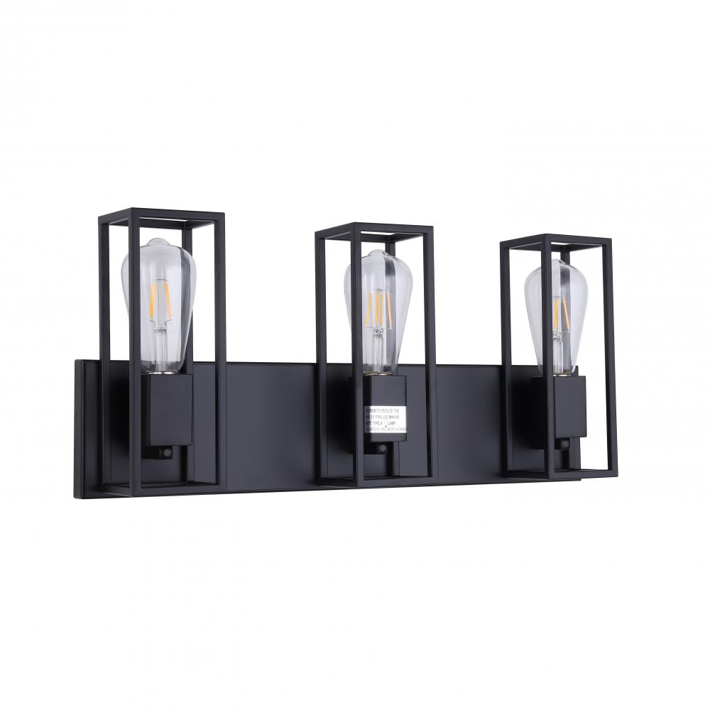 3x 60W E26 vanity in black finish. Dimensions : L=21.3" E=4.5" H=9.5"