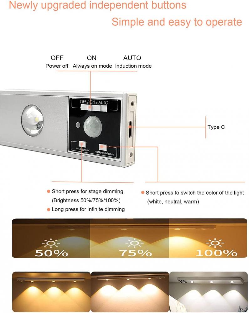 24” Rechargeable Under Cabinet Motion Sensor light in 3CCT 3000K, 4000K, and 5000K in Silver finish