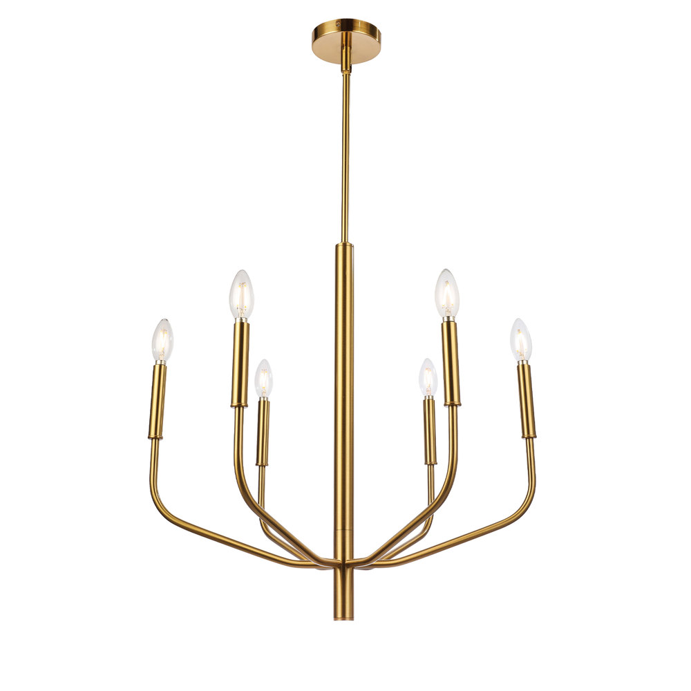 6 Light Incandescent Chandelier, Aged Brass