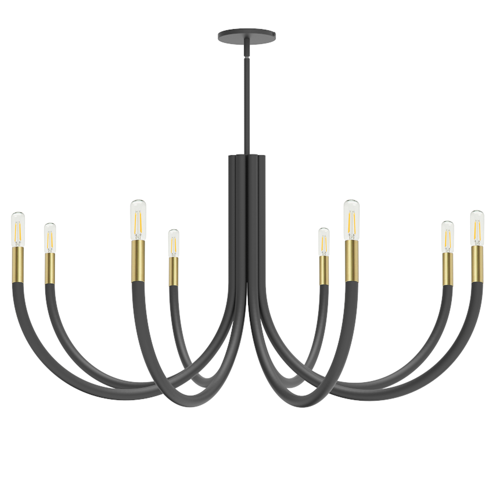 8 Light Incandescent Chandelier, Matte Black and Aged Brass