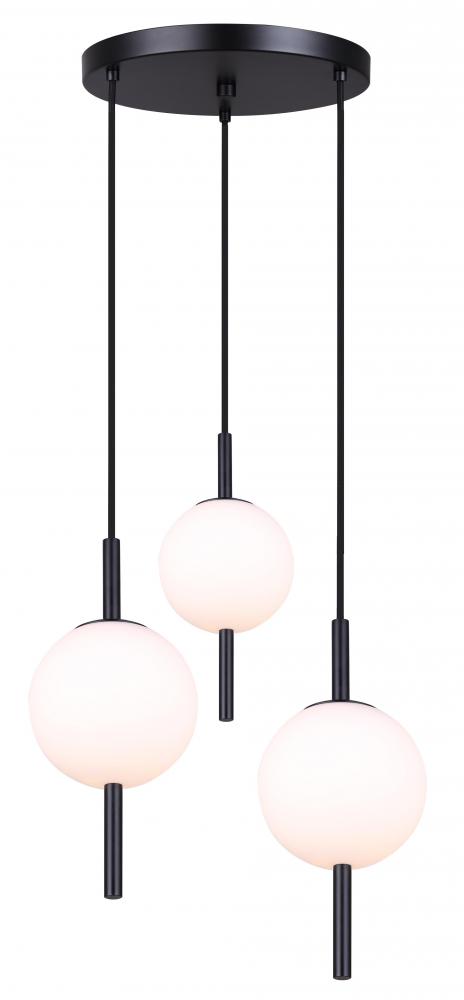 Nara 40-Watt 3 Light Matte Black Modern Pendant with White Glass Shade