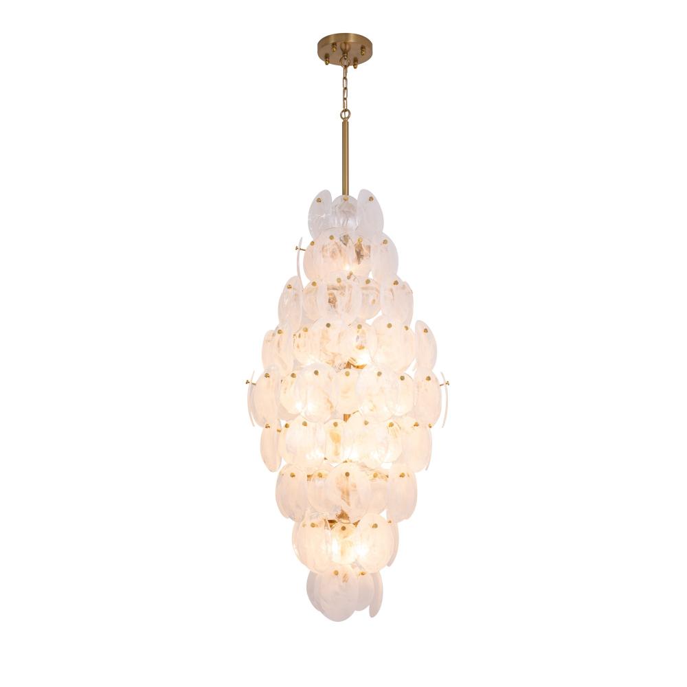 Lily 15 Light Chandelier, Brushed Brass with Wispy White Murano Style Glass