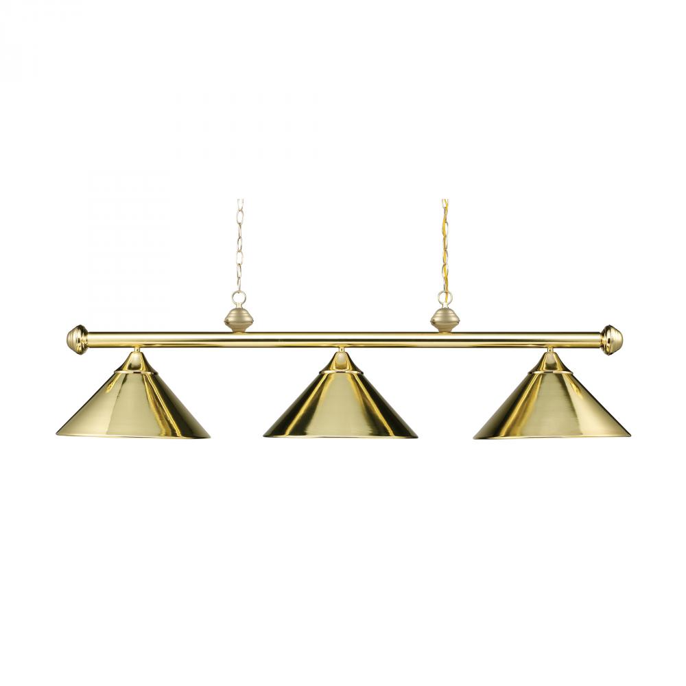 CASUAL TRADITIONS 3-LIGHT POLISHED BRASS BILLIARD LT W/METAL SHADES